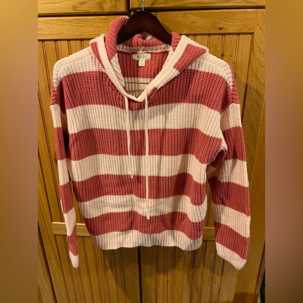 Striped Coral and Very light creamy pink striped sweater with hood.